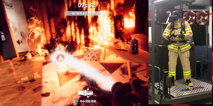 The Electronics and Telecommunications Research Institute (ETRI) developed a VR firefighting training simulator to improve firefighters' skills. / photo courtesy of Electronics and Telecommunications Research Institute