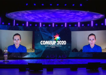 Betty Vandenbosch, Chief Content Officer of e-learning platform Coursera, presenting the future of online education in the post-COVID era during the COMEUO 2020 startup festival.