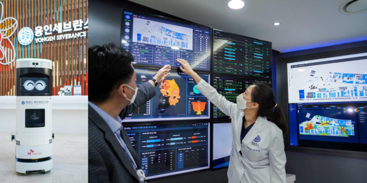 SK Telecom and Yongin Severance Hospital jointly built a 5G-powered disinfection robot dubbed Keemi. / photo courtesy of SK Telecom